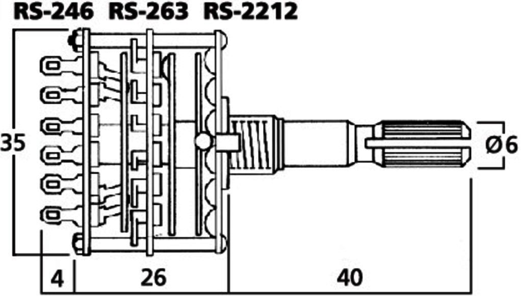 RS-246 Stufen-Drehschalter 2 Ebenen 2x2 Kontakte 6 Stellungen, UMZ